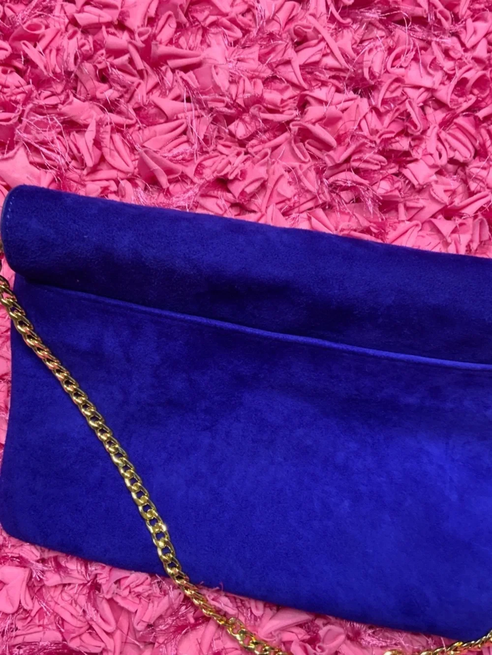 Ann Taylor Royal Blue Suede Envelope Clutch with Gold Chain Strap